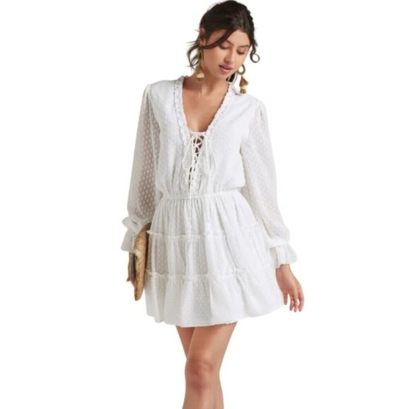 Venus Ruffled Mini Dress Tiered Swiss Dot Balloon Sleeve Bohemian Dress Size XL - Picture 1 of 7